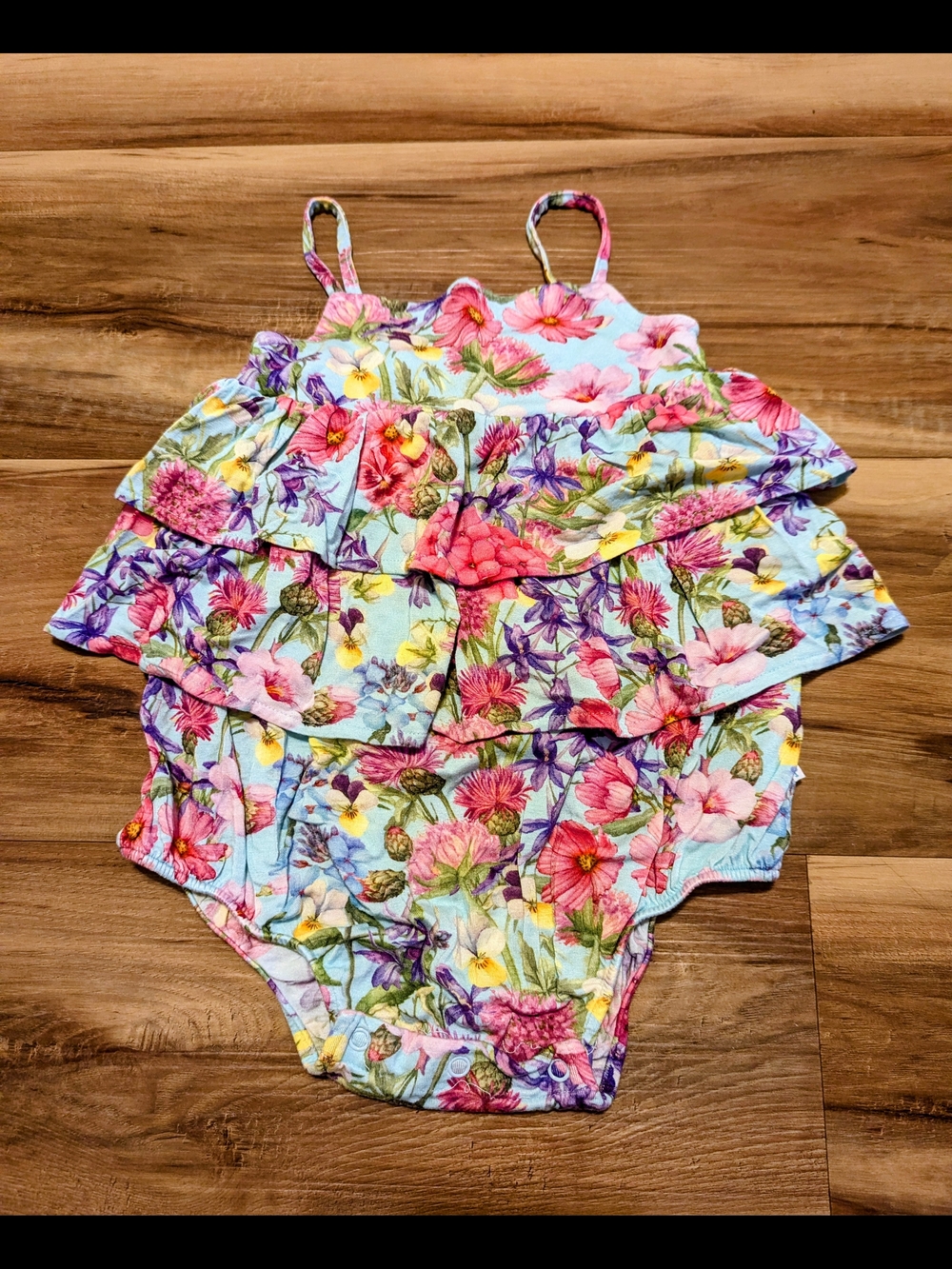 Posh Peanut Light Blue Floral Ruffle One-Piece 2t